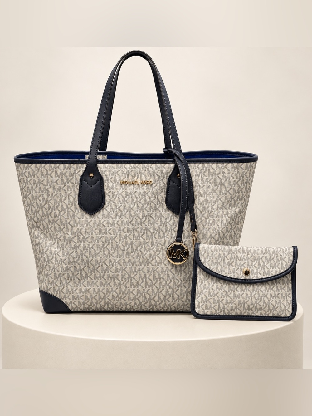 Michael Kors Beige Signature Logo Tote with Navy Trim and Pouch